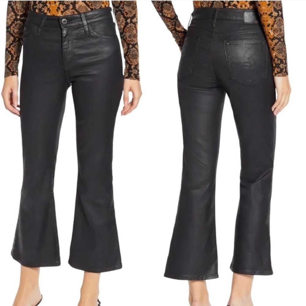 NEW AG Adriano Goldschmied Black Leatherette Quinne Flare Crop Pant Size 29